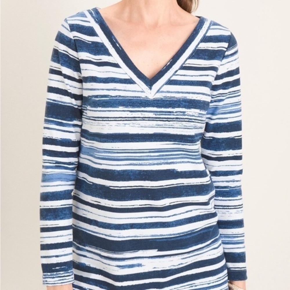 Chico's Brush Blue White Double V Neck Top Tunic Coastal EUC 12-14 M #804